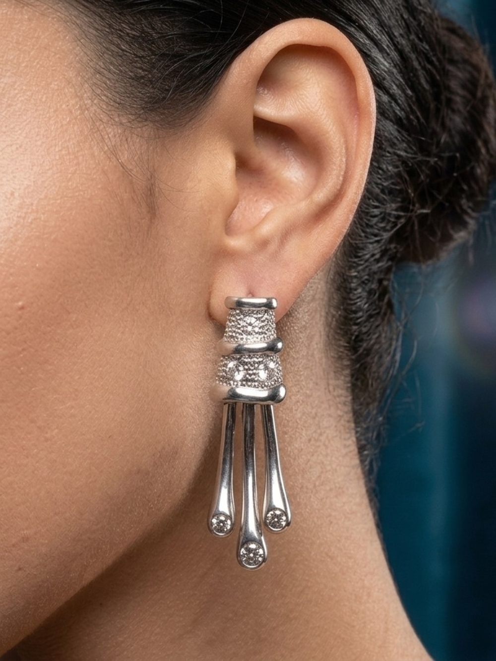 Vintage Silver Tone Rhinestone Waterfall Tassel Dangle Drop Post Earrings 1.6”